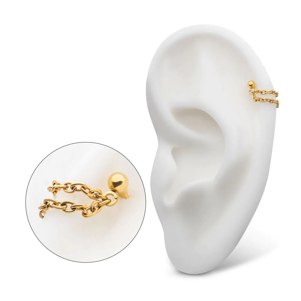 24Kt Gold PVD Titanium 2 Tier Chains on a One Side Threadless, One Side Fixed Bar Ball ends