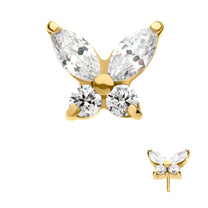 24Kt Gold PVD Titanium Threadless Marquise &amp; Round Crystal Butterfly Top