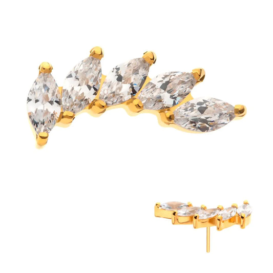 24K Gold Prong Set Marquise 5 Gem Curved Fan Top