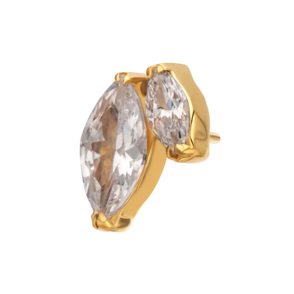 24Kt Gold PVD Titanium Threadless V-Prong Dual Marquise Crystal Gem Top