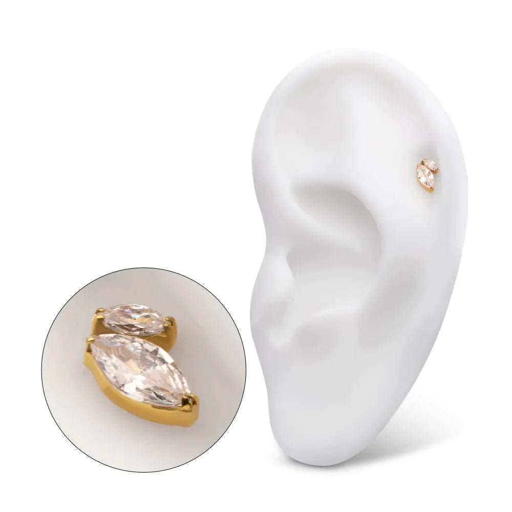 24Kt Gold PVD Titanium Threadless V-Prong Dual Marquise Crystal Gem Top