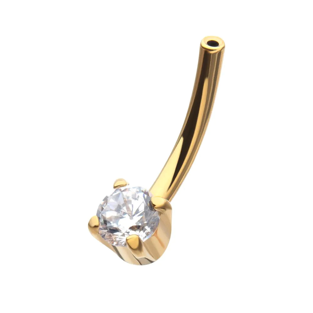 24Kt Gold PVD Titanium Threadless Crystal Fixed Bottom Curved Barbell