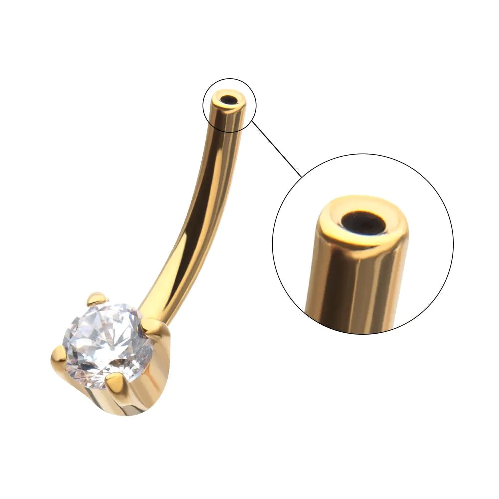 24Kt Gold PVD Titanium Threadless Crystal Fixed Bottom Curved Barbell