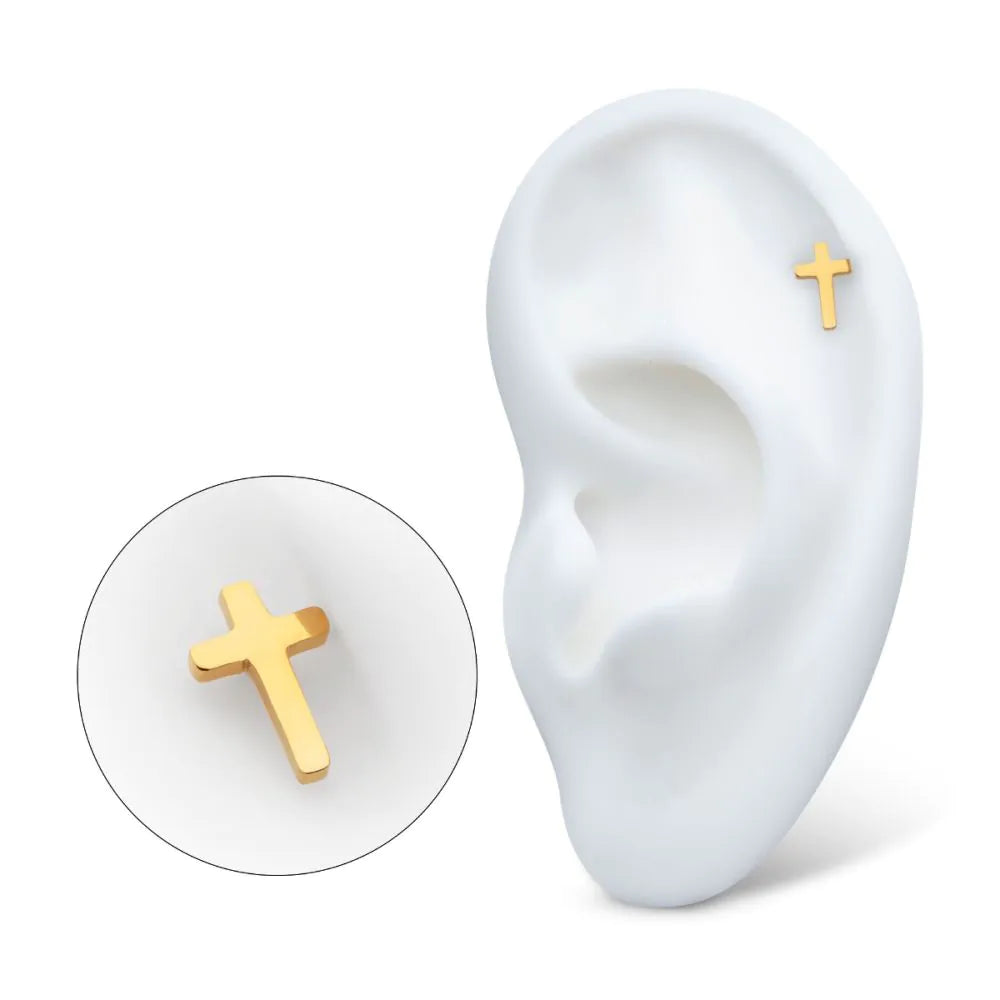 24KT Gold PVD Titanium Threadless with Cross Top
