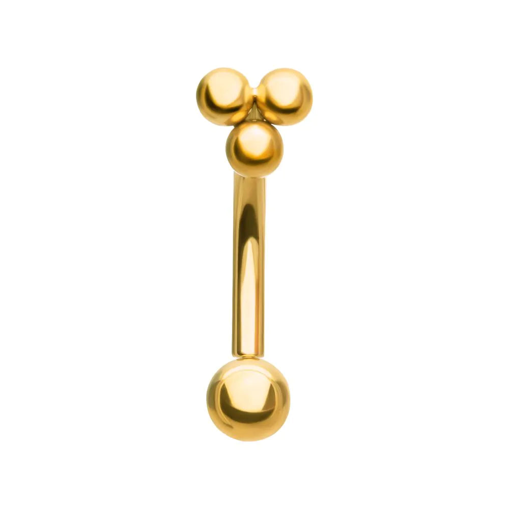 24kt Gold PVD Titanium Tri-Bead Fixed Top Threadless Bottom Curved Barbell