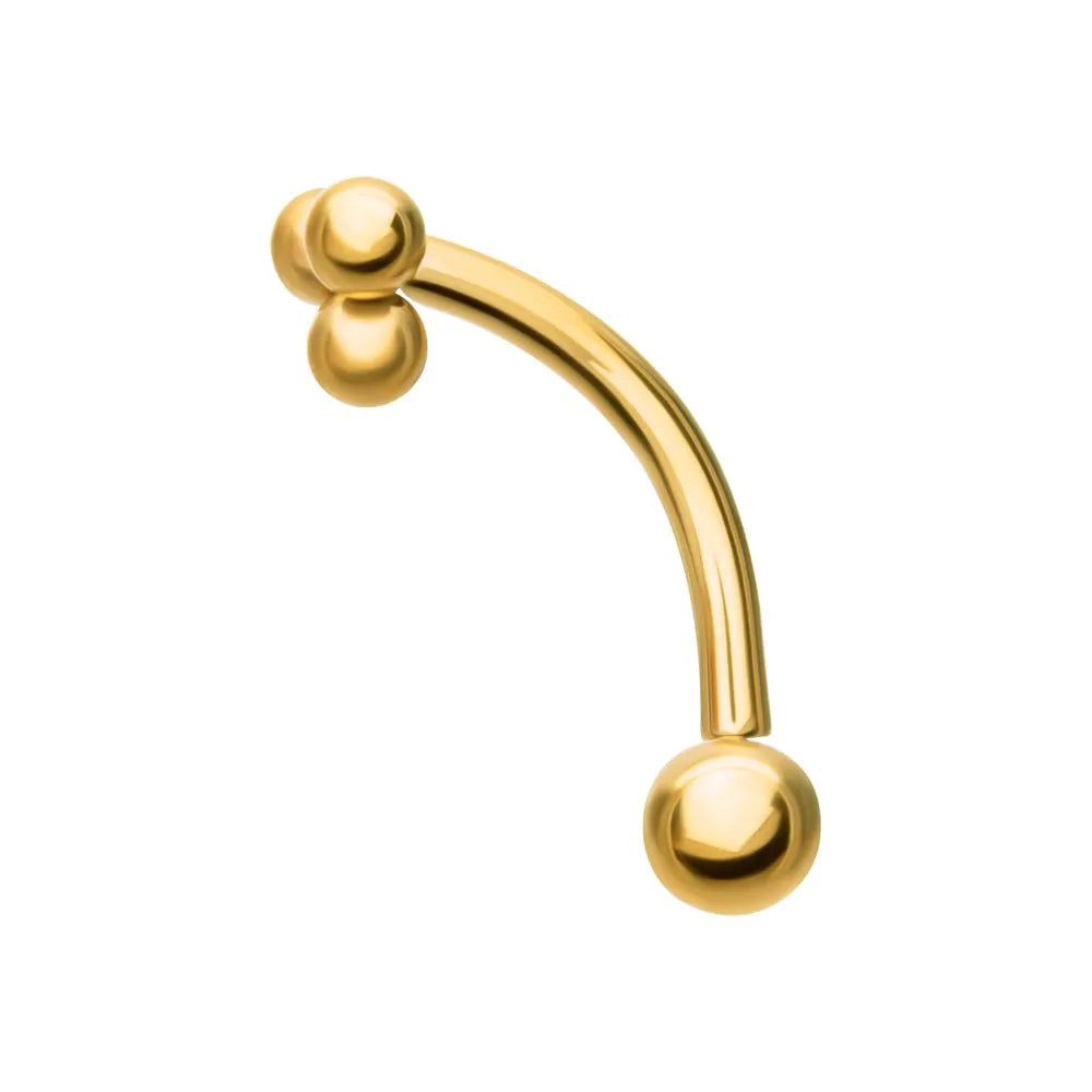 24kt Gold PVD Titanium Tri-Bead Fixed Top Threadless Bottom Curved Barbell