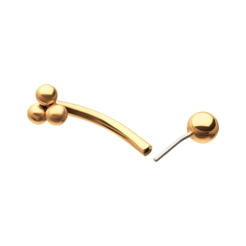 24kt Gold PVD Titanium Tri-Bead Fixed Top Threadless Bottom Curved Barbell