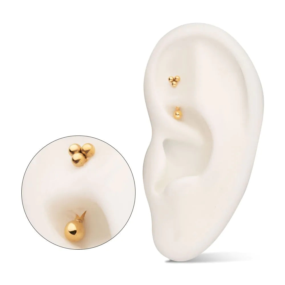 24kt Gold PVD Titanium Tri-Bead Fixed Top Threadless Bottom Curved Barbell