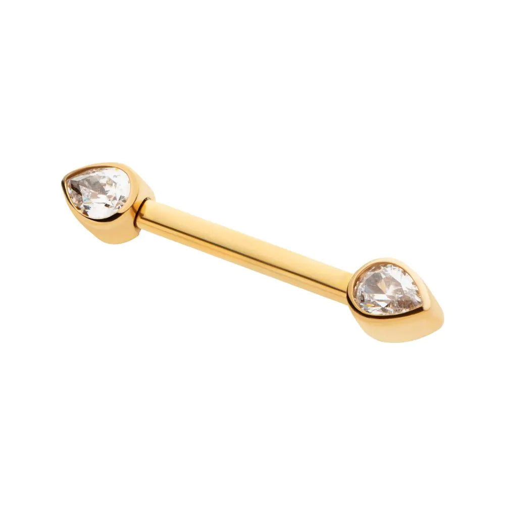 24Kt Gold PVD Titanium Threadless Bezel Pear Crystal Nipple Barbell | Sold by piece