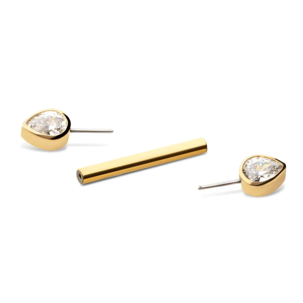 24Kt Gold PVD Titanium Threadless Bezel Pear Crystal Nipple Barbell | Sold by piece