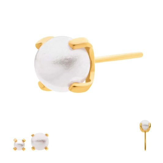 24Kt Gold PVD Titanium Threadless Prong Set White Swarovski Pearl Top