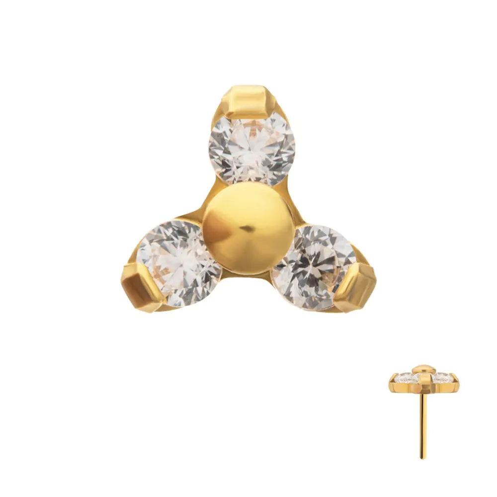 24Kt Gold PVD Titanium Threadless Pronged Round Crystal Trinity Top
