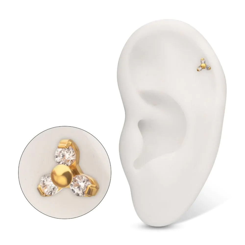 24Kt Gold PVD Titanium Threadless Pronged Round Crystal Trinity Top
