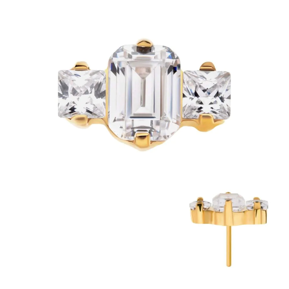24Kt Gold PVD Titanium Threadless Emerald Cut &amp; Square Crystal 3-Cluster Top