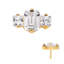 24Kt Gold PVD Titanium Threadless Emerald Cut &amp; Square Crystal 3-Cluster Top