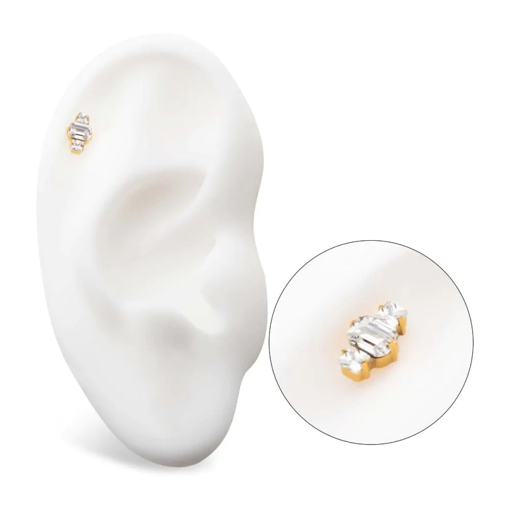 24Kt Gold PVD Titanium Threadless Emerald Cut &amp; Square Crystal 3-Cluster Top