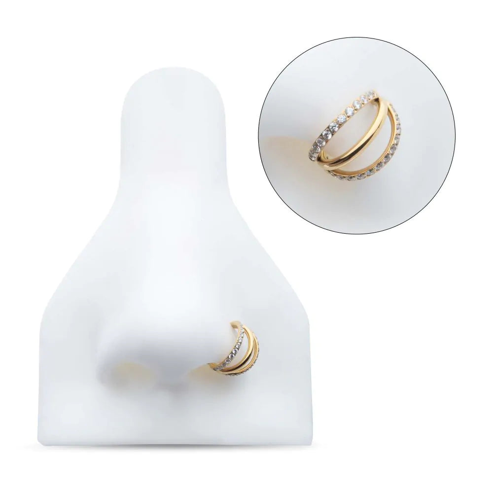 24Kt Gold PVD Titanium Triple Hoop with 1mm CNC Set Round Gem in 2 Alternate Hoops Side Facing Hinged Segment Clicker