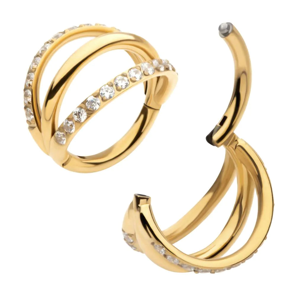 24Kt Gold PVD Titanium Triple Hoop 1mm CNC Set Round Gem in 2 Alternate Hoops Side Facing Hinged Segment Clicker