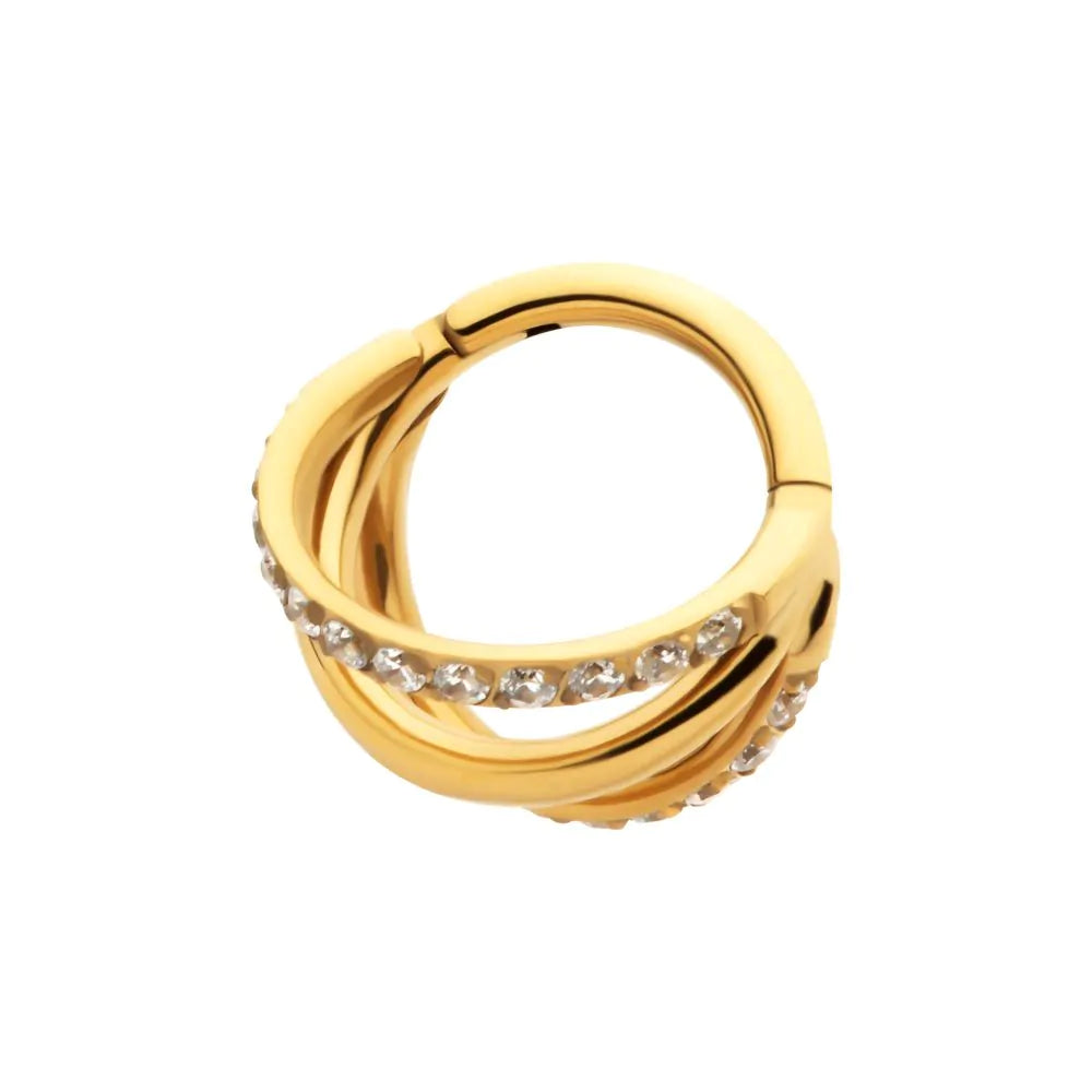24Kt Gold PVD Titanium Triple Hoop 1mm CNC Set Round Gem in 2 Alternate Hoops Side Facing Hinged Segment Clicker