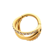 24Kt Gold PVD Titanium Triple Hoop 1mm CNC Set Round Gem in 2 Alternate Hoops Side Facing Hinged Segment Clicker