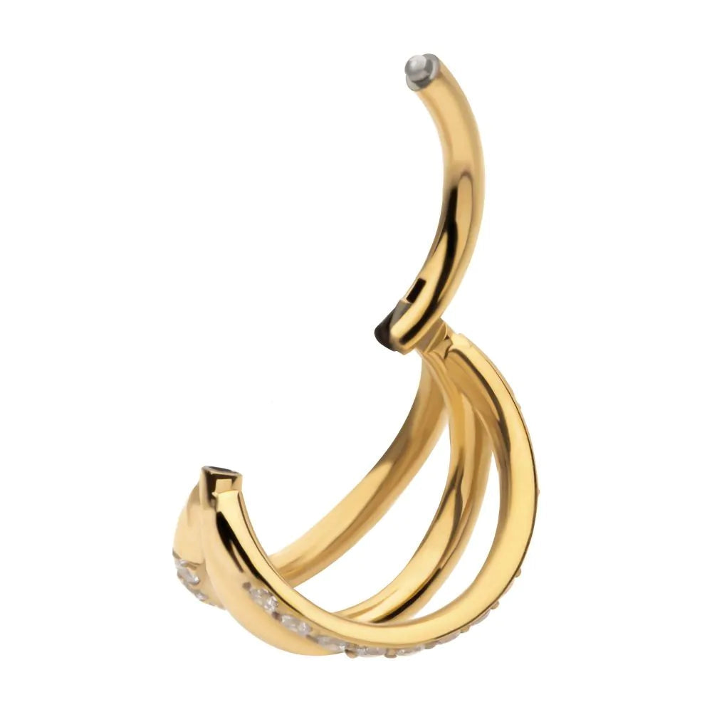 24Kt Gold PVD Titanium Triple Hoop 1mm CNC Set Round Gem in 2 Alternate Hoops Side Facing Hinged Segment Clicker