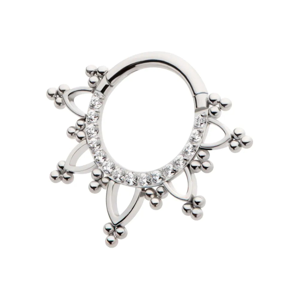 Titanium Pave Set Round CZ with Tri Beads Front Facing Hinged Segment Clicker