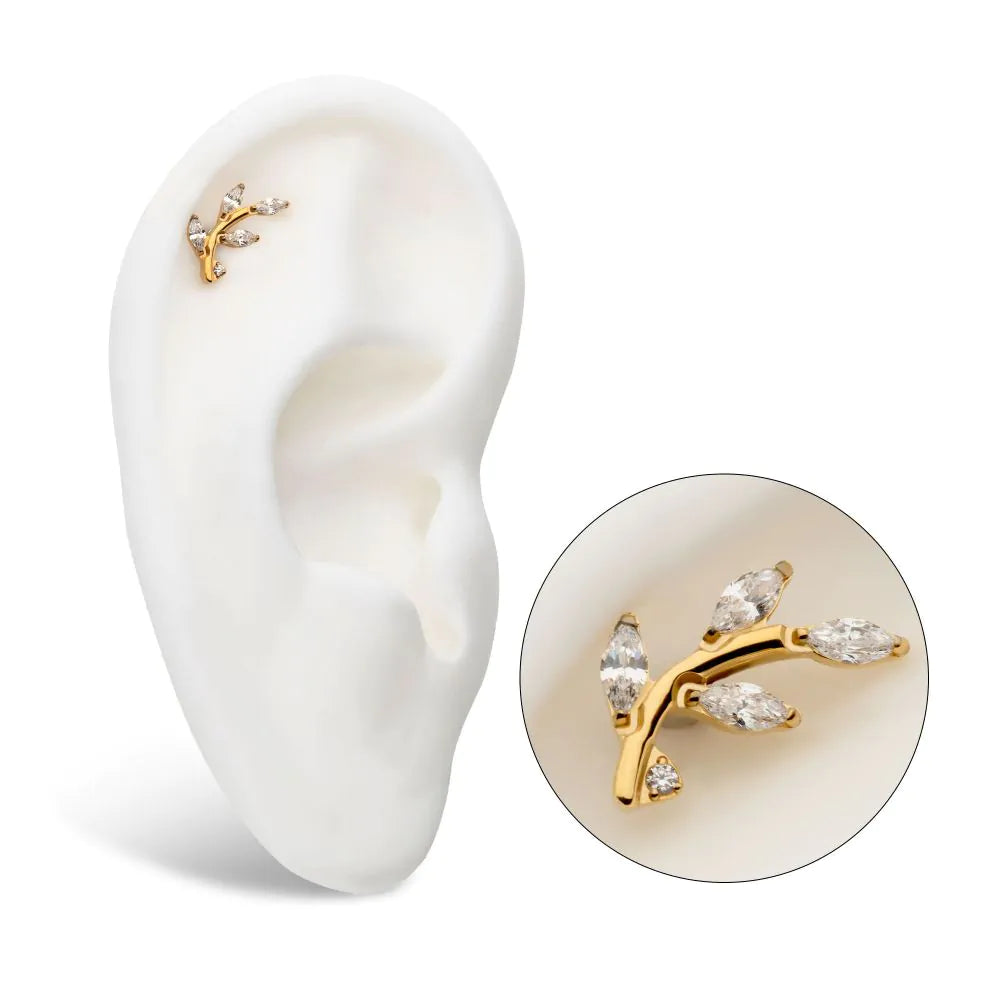 24Kt Gold PVD Threadless Marquise Crystal Leaf Top