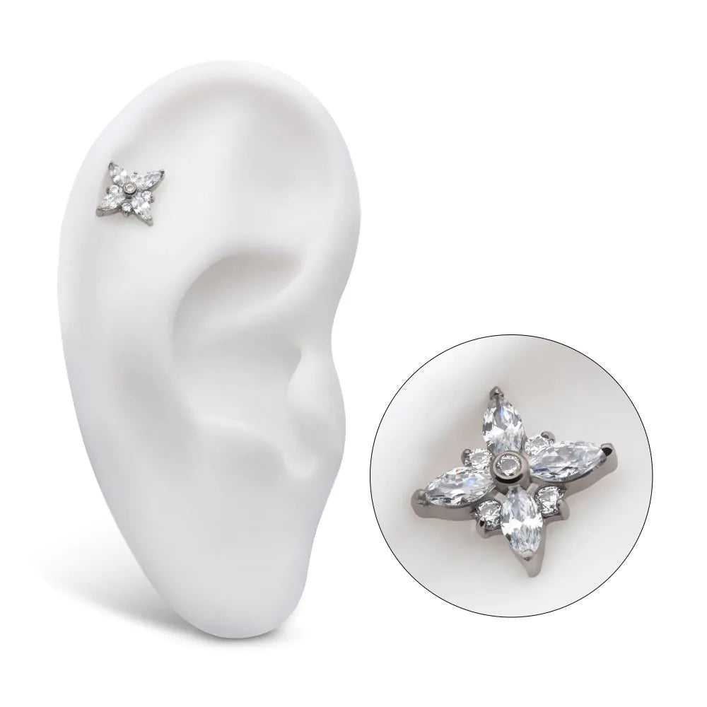 Titanium Threadless Clustered Round &amp; Marquise Crystal Cross Shape Top