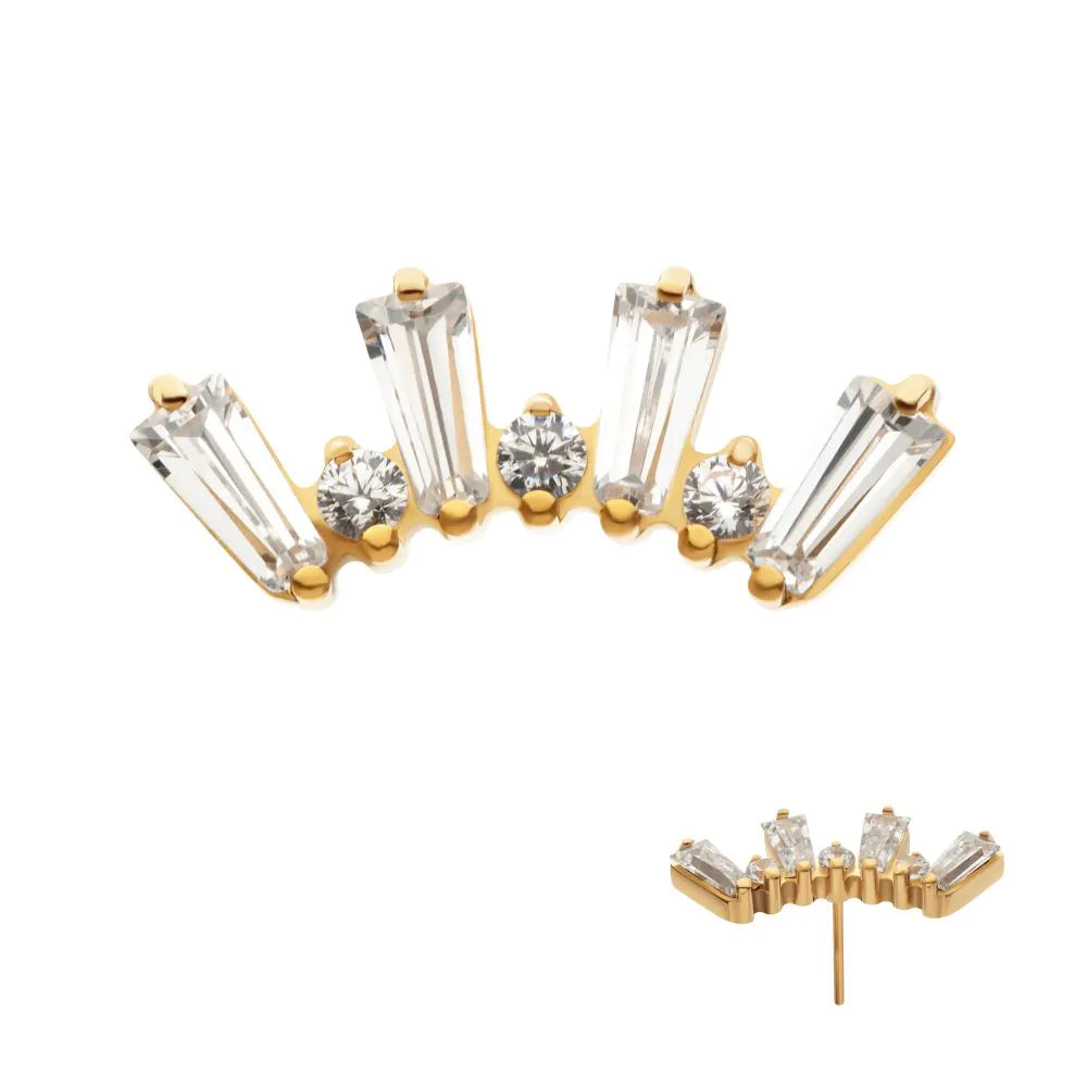 24Kt Gold PVD Titanium Threadless Baguette &amp; Round Crystal 7-Cluster Top