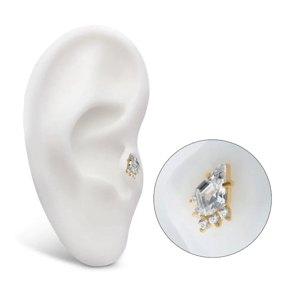 24Kt Gold PVD Titanium Threadless Kite Shape Crystal Top 5-Cluster Round Crystal