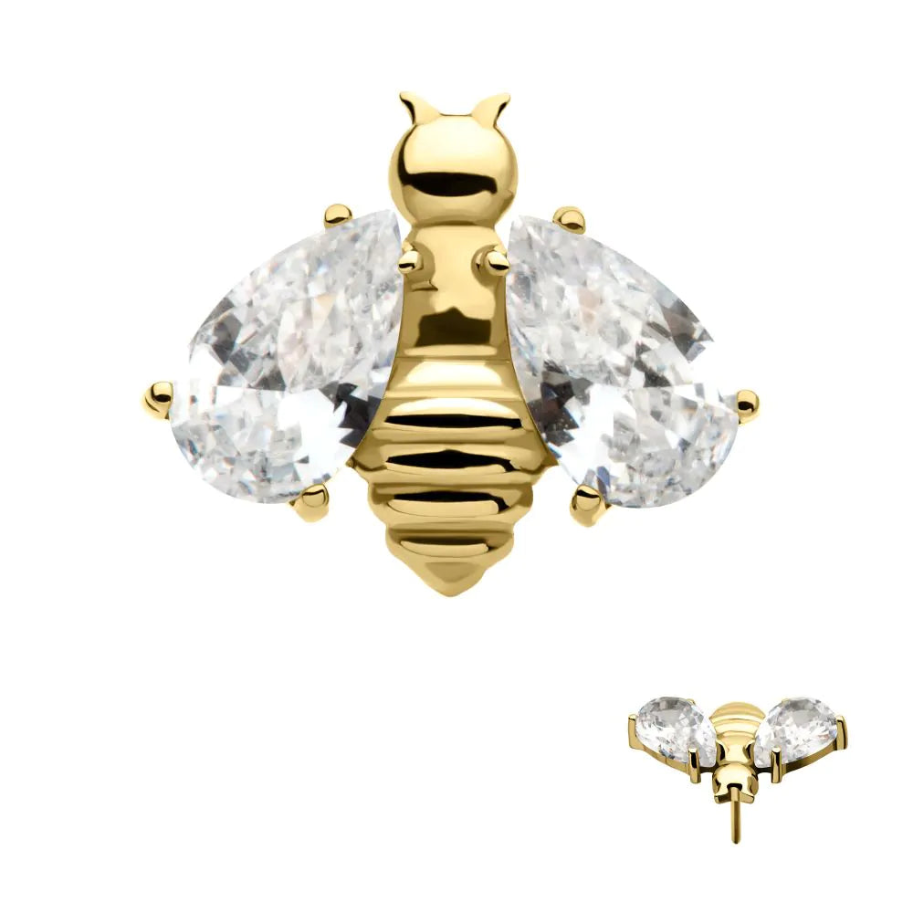 24Kt Gold PVD Titanium Threadless Bee Pear Shape Crystal Wings Top