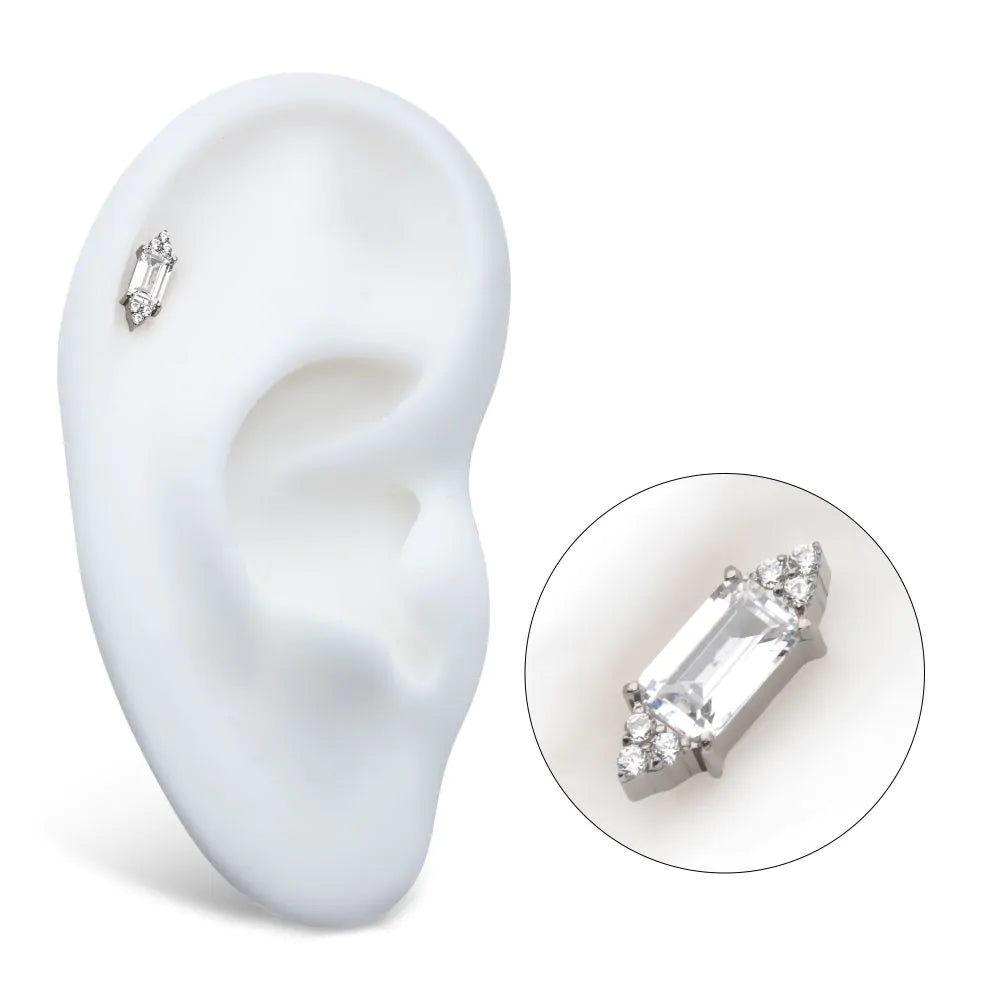 Titanium Threadless Trinity Round Crystal &amp; Prong Baguette Crystal Top