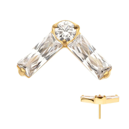 24Kt Gold PVD Titanium Threadless Prong Set Baguette & Round CZ Chevron Shape Top
