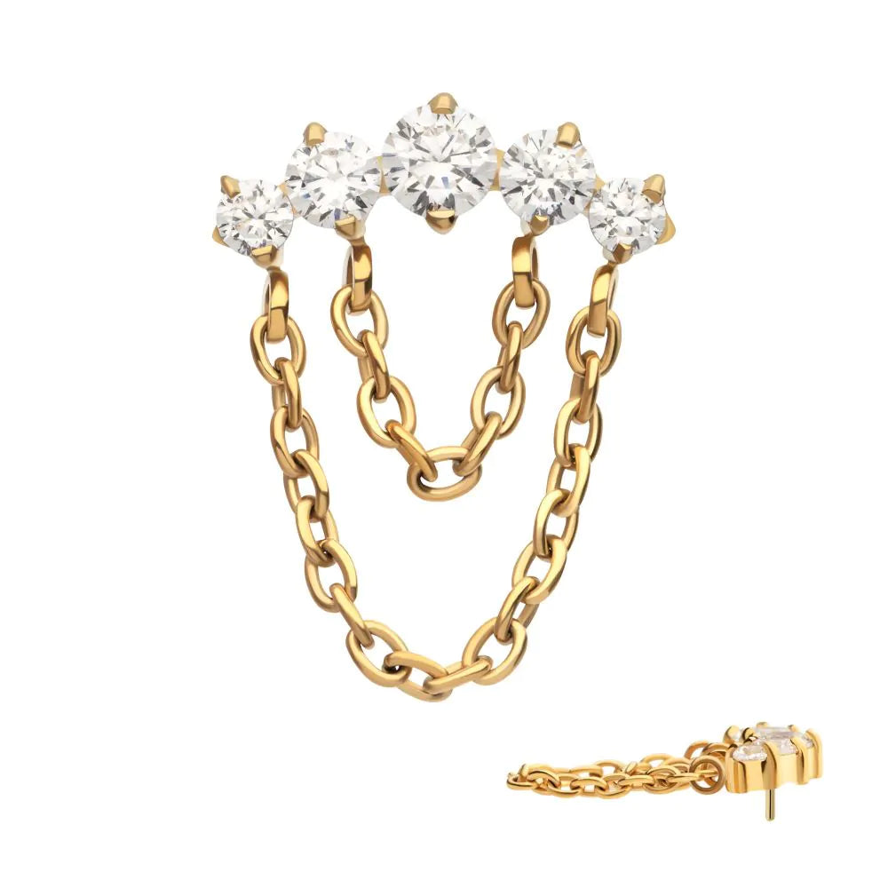 24Kt Gold PVD Titanium Threadless 5-Cluster Round AAA Crystal Top 2 Tier Dangle Chain