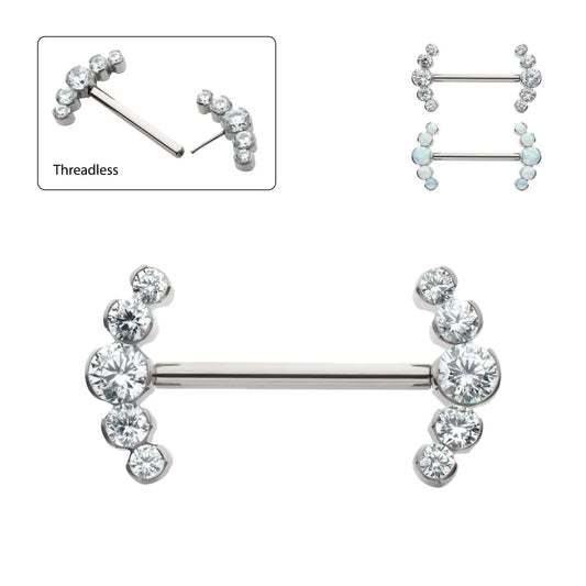 Titanium Semi-Bezel Set Round Opal 5-Cluster End Nipple Barbell (One Side Fixed, One Side Threadless ) | Sold by piece