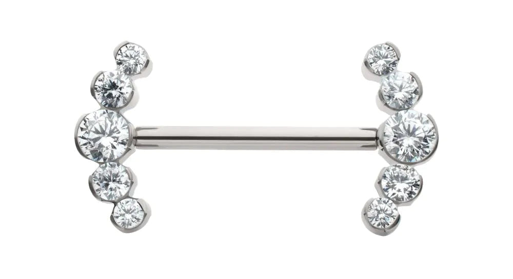 Titanium Semi-Bezel Set Round Gem
5-Cluster End Nipple Barbell 
(One Side Fixed, One Side Threadless )