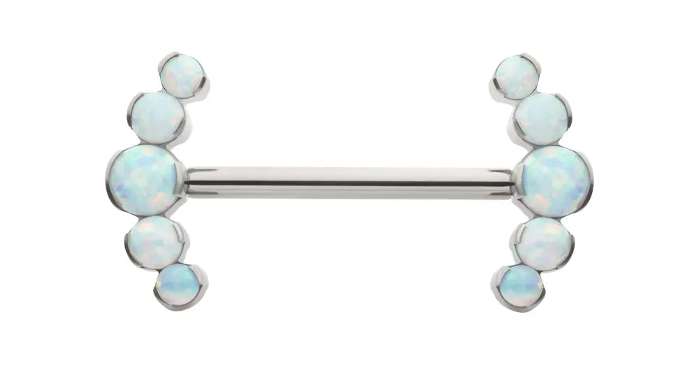 Titanium Semi-Bezel Set Round Opal 
5-Cluster End Nipple Barbell 
(One Side Fixed, One Side Threadless )