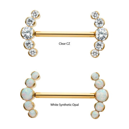 24Kt Gold Titanium Semi-Bezel Set Round Opal 5-Cluster End Nipple Barbell (One Side Fixed, One Side Threadless ) | Sold by piece