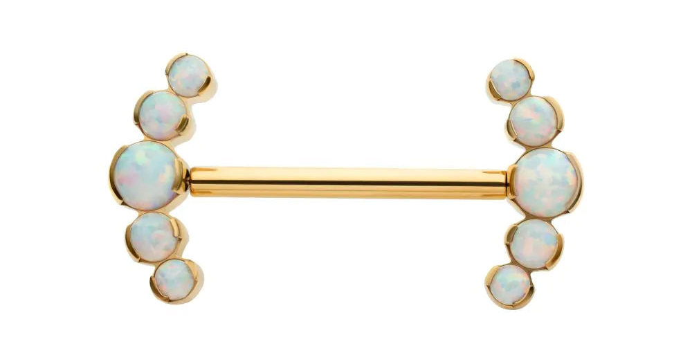24Kt Gold PVD Titanium Semi-Bezel Set Round Opal 
5-Cluster End Nipple Barbell 
(One Side Fixed, One Side Threadless )