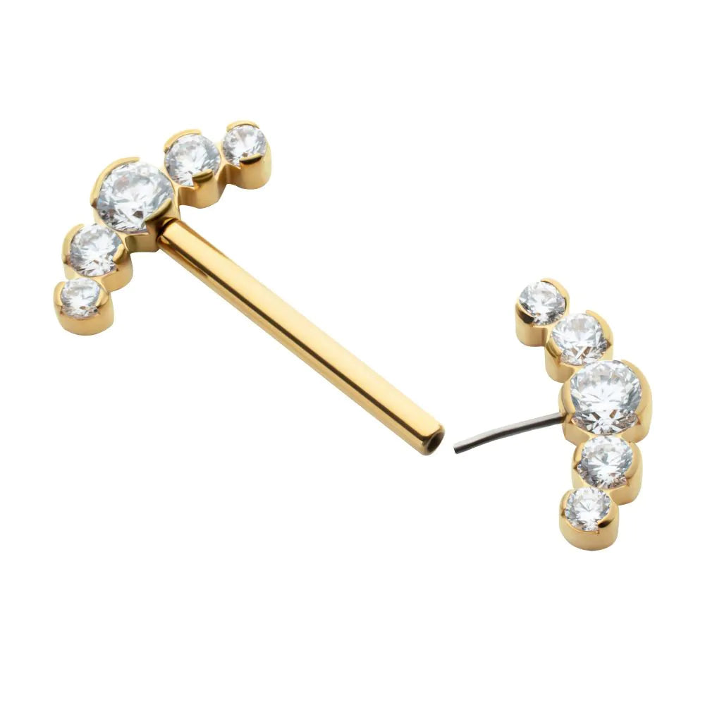 24Kt Gold PVD Titanium Semi-Bezel Set Round Gem
5-Cluster End Nipple Barbell 
(One Side Fixed, One Side Threadless )